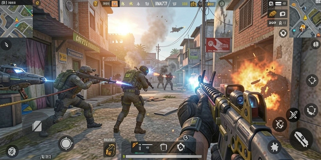 Screenshot gameplay INA777 menunjukkan aksi tembak-menembak yang intens.