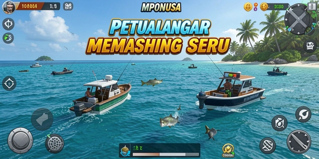Tampilan gameplay MPONUSA menampilkan keseruan memancing di lautan.