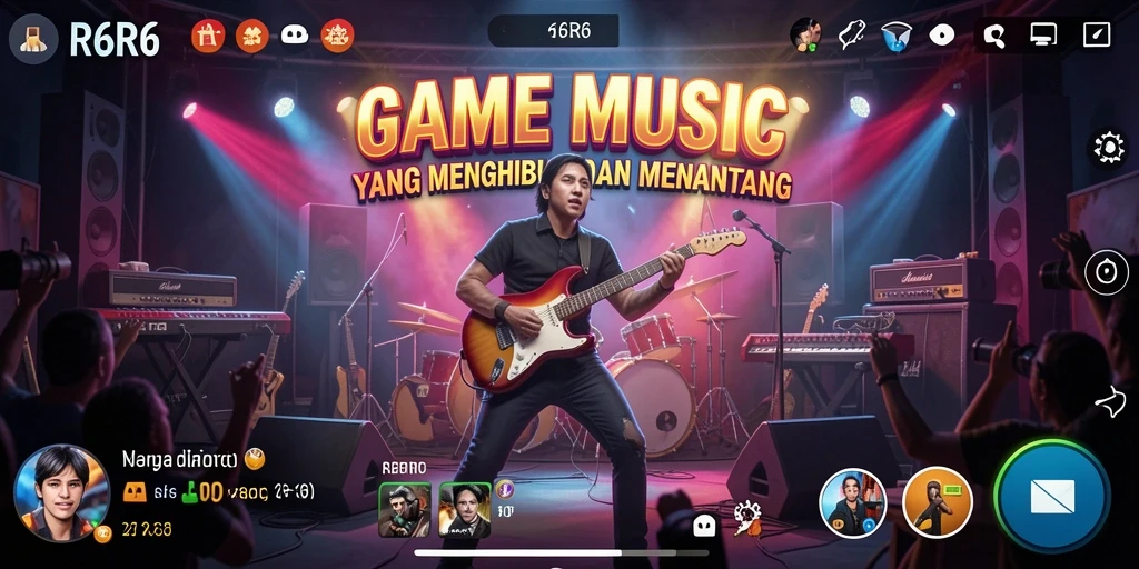 Screenshot utama R6R6 menampilkan gameplay musik yang dinamis.