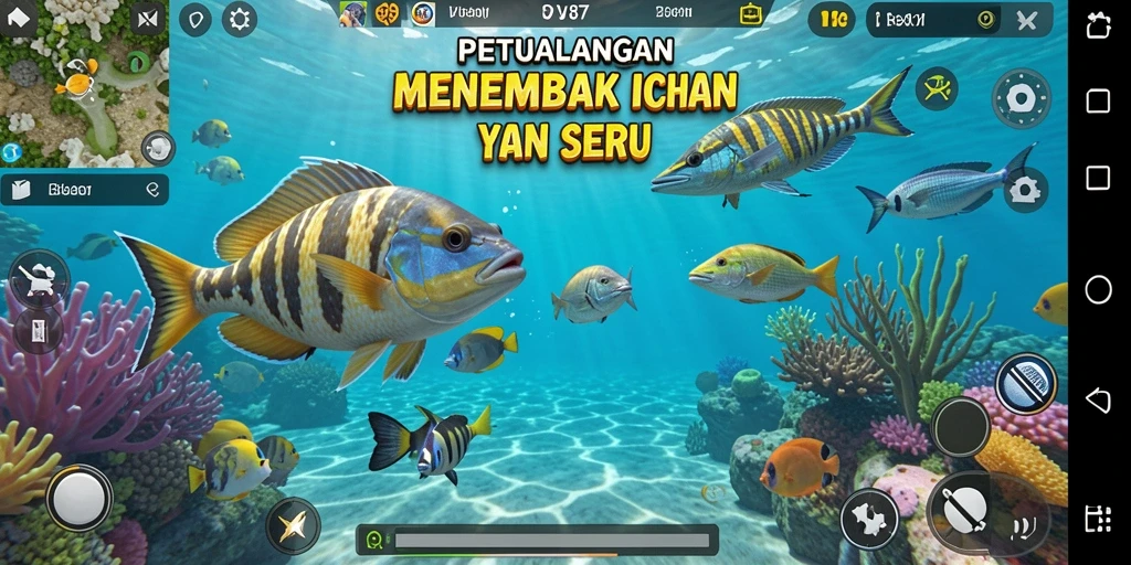 Screenshot dari gameplay V87 yang menampilkan aksi seru tembak ikan.